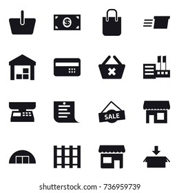 16 vector icon set : basket, money, shopping bag, delivery, warehouse, credit card, delete cart, store, market scales, shopping list, sale, shop, hangare, package