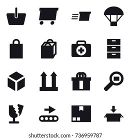 16 vector icon set : basket, delivery, parachute, shopping bag, 3d, package