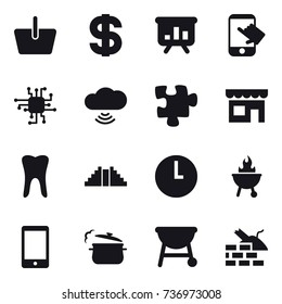 16 vector icon set : basket, dollar, presentation, touch, chip, cloud wireless, puzzle, shop, pyramid, bbq, steam pan, construct garbage