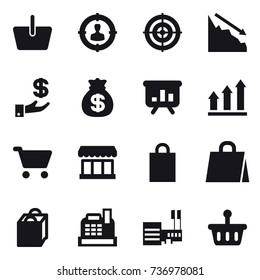 16 vector icon set : basket, target audience, target, crisis, investment, money bag, presentation, graph up, cart, market, shopping bag, cashbox, mall
