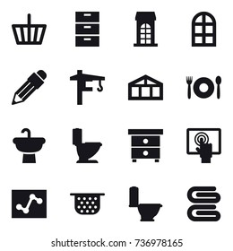 16 vector icon set : basket, building, arch window, pencil, tower crane, greenhouse, cafe, toilet, nightstand, colander, stack of towels
