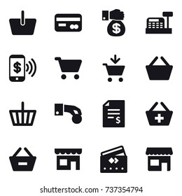 16 vector icon set : basket, card, money gift, cashbox, phone pay, cart, add to cart, hand coin, account balance, add to basket, remove from basket, shop, credit card