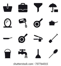 16 vector icon set : basket, portfolio, funnel, mirror, mixer, pan, saute pan, garlic clasp, shovel, bucket, water tap, plunger, duster