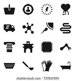 16 vector icon set : basket, target audience, lightning, cardio chip, delivery, column, arch, kolander, ladle, gloves, bath