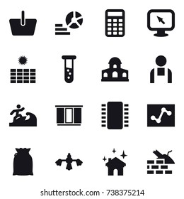 16 vector icon set : basket, diagram, calculator, monitor arrow, sun power, vial, mansion, surfer, wardrobe, hard reach place cleaning, house cleaning, construct garbage