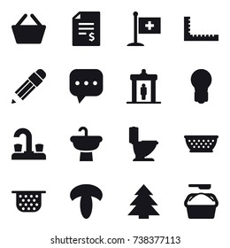 16 vector icon set : basket, account balance, ruler, pencil, detector, bulb, water tap, toilet, kolander, colander, spruce, washing powder