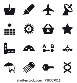 16 vector icon set : basket, marker, plane, satellite antenna, sun power, delete cart, star, church, dome house, lounger, jellyfish, key