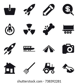 16 vector icon set : basket, rocket, pencil, dollar arrow, nuclear, train, tent, camera, home, fork, tractor, wiping