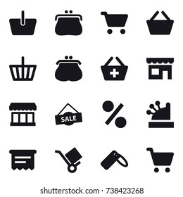 16 vector icon set : basket, purse, cart, add to basket, shop, market, sale, percent, cashbox, atm receipt