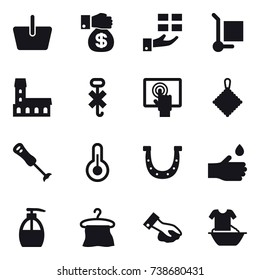 16 vector icon set : basket, money gift, gift, cargo stoller, mansion, rag, horseshoe, hand drop, liquid soap, hanger, wiping, handle washing