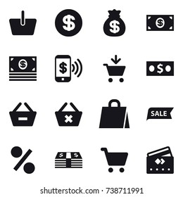 16 vector icon set : basket, dollar, money bag, money, phone pay, add to cart, remove from basket, delete cart, shopping bag, sale, percent, credit card