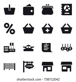 16 vector icon set : basket, wallet, purse, annual report, percent, add to basket, remove from basket, store, scales, shopping list, sale, barcode, store signboard, shop