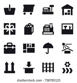 16 vector icon set : basket, delivery, cashbox, warehouse, gift, shopping bag, tools