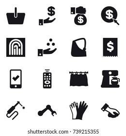 16 vector icon set : basket, investment, money gift, dollar arrow, fingerprint, chamical industry, mobile checking, remote control, curtain, coffee maker, gloves, wiping