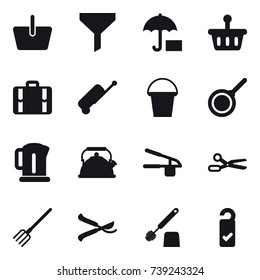 16 vector icon set : basket, funnel, suitcase, bucket, pan, kettle, garlic clasp, scissors, fork, pruner, toilet brush, please clean