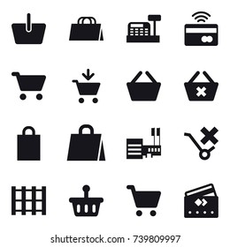 16 vector icon set : basket, shopping bag, cashbox, tap to pay, cart, add to cart, delete cart, mall, credit card