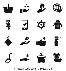 16 vector icon set : basket, chamical industry, real estate, mobile checking, handwheel, rag, hand leaf, hand drop, sprayer, scoop, hand and drop, hanger, handle washing