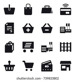 16 vector icon set : basket, shopping bag, tap to pay, account balance, add to basket, remove from basket, store, delivery, mall, credit card, shop