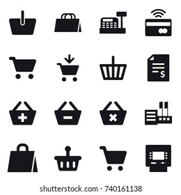 16 vector icon set : basket, shopping bag, cashbox, tap to pay, cart, add to cart, account balance, add to basket, remove from basket, delete cart, store, atm