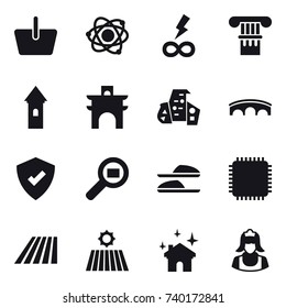 16 vector icon set : basket, atom, infinity power, column, tower, arch, modern architecture, bridge, slippers, field, house cleaning, cleaner