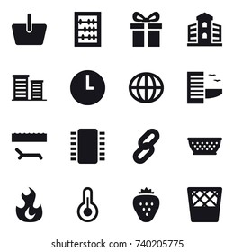 16 vector icon set : basket, abacus, gift, building, district, globe, hotel, lounger, kolander, strawberry, trash bin