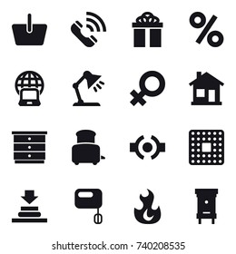 16 vector icon set : basket, call, gift, percent, notebook globe, table lamp, home, chest of drawers, toaster, hive