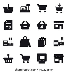16 vector icon set : basket, cashbox, cart, add to cart, account balance, remove from basket, delete cart, shop, store, shopping bag, mall, atm