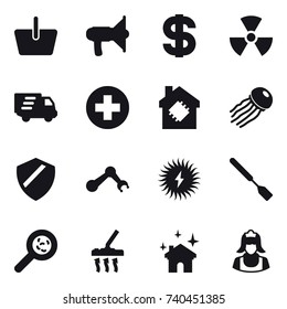 16 vector icon set : basket, loudspeaker, dollar, nuclear, delivery, smart house, jellyfish, spatula, viruses, vacuum cleaner, house cleaning, cleaner
