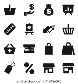 16 vector icon set : basket, investment, money bag, presentation, sale, up down arrow, add to basket, market scales, shopping bag, label, percent, shop