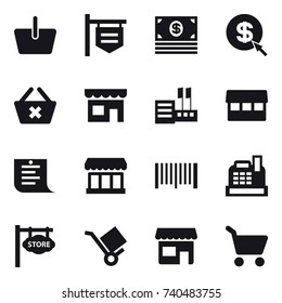 16 vector icon set : basket, shop signboard, money, dollar arrow, delete cart, shop, store, market, shopping list, barcode, cashbox, store signboard, cart