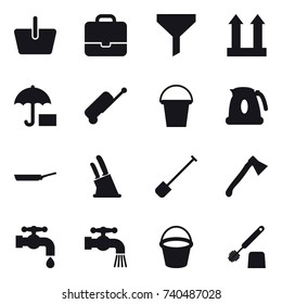 16 vector icon set : basket, portfolio, funnel, suitcase, bucket, kettle, pan, knife holder, shovel, axe, water tap, toilet brush