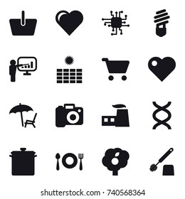 16 vector icon set : basket, heart, chip, bulb, presentation, sun power, cart, lounger, camera, pan, garden, toilet brush