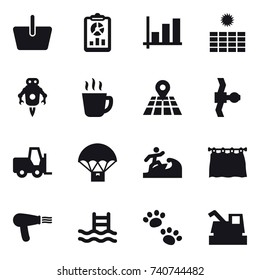 16 vector icon set : basket, report, graph, sun power, jet robot, hot drink, surfer, curtain, hair dryer, pool, pets, harvester