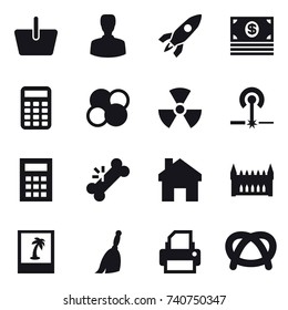 16 vector icon set : basket, man, rocket, money, calculator, atom core, nuclear, laser, home, gothic architecture, photo, broom