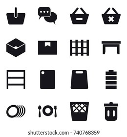16 vector icon set : basket, discussion, remove from basket, delete cart, box, table, rack, cutting board, trash bin