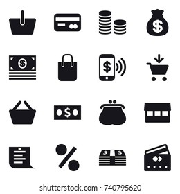 16 vector icon set : basket, card, coin stack, money bag, money, shopping bag, phone pay, add to cart, purse, market, shopping list, percent, credit card