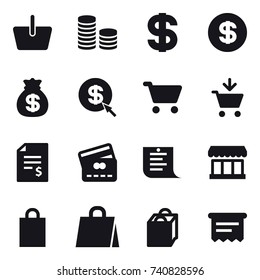 16 vector icon set : basket, coin stack, dollar, money bag, dollar arrow, cart, add to cart, account balance, credit card, shopping list, market, shopping bag, atm receipt