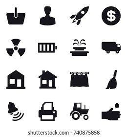 16 vector icon set : basket, man, rocket, dollar, nuclear, battery, fountain, home, curtain, broom, bell, tractor, hand drop