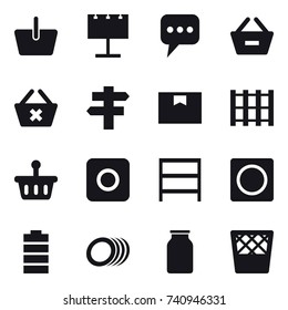 16 vector icon set : basket, billboard, message, remove from basket, delete cart, singlepost, ring button, rack, trash bin
