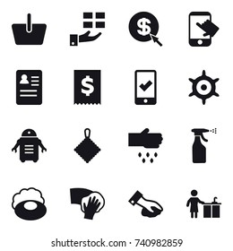 16 vector icon set : basket, gift, dollar arrow, touch, mobile checking, handwheel, rag, sow, sprayer, soap, wiping, kitchen cleaning