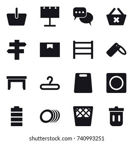 16 vector icon set : basket, billboard, discussion, delete cart, singlepost, table, hanger, cutting board, ring button, trash bin