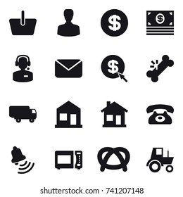 16 vector icon set : basket, man, dollar, money, call center, mail, dollar arrow, home, phone, bell, tractor