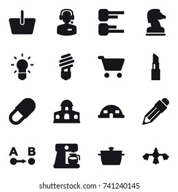 16 vector icon set : basket, call center, diagram, chess horse, bulb, cart, lipstick, mansion, dome house, pencil, coffee maker, pan, hard reach place cleaning