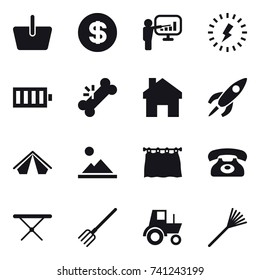 16 vector icon set : basket, dollar, presentation, lightning, battery, home, tent, landscape, curtain, phone, iron board, fork, tractor, rake