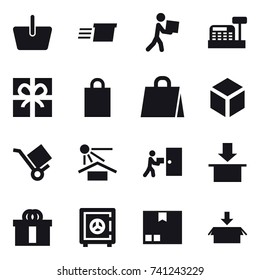 16 vector icon set : basket, delivery, courier, cashbox, gift, shopping bag, 3d, safe, package