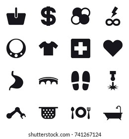 16 vector icon set : basket, dollar, atom core, infinity power, necklace, t-shirt, bridge, slippers, colander, bath