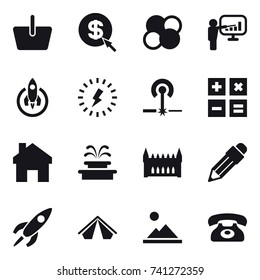 16 vector icon set : basket, dollar arrow, atom core, presentation, rocket, lightning, laser, calculator, home, fountain, gothic architecture, pencil, tent, landscape, phone