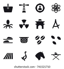 16 vector icon set : basket, lighthouse, target audience, atom, virus, nuclear, arch, draw compass, slippers, colander, coffee seeds, seeds, field, goose, horse, iron board