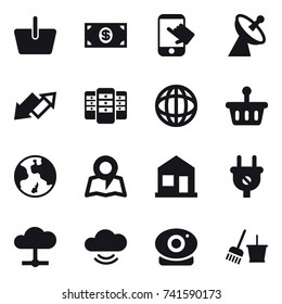 16 vector icon set : basket, money, touch, satellite antenna, up down arrow, server, earth, map, home, bucket and broom