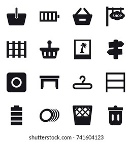 16 vector icon set : basket, battery, remove from basket, shop signboard, photo, signpost, ring button, table, hanger, rack, trash bin